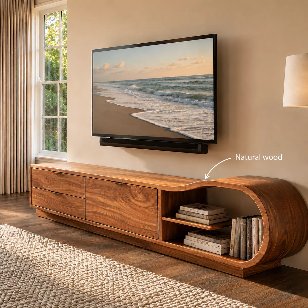 Solid Wood TV Cabinet With Curved Open Shelf Storage Drawers And Natural Wood Grain For Modern Living Room - Livewoodcraft - 9