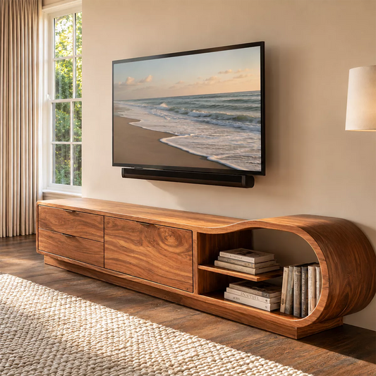 Solid Wood TV Cabinet With Curved Open Shelf Storage Drawers And Natural Wood Grain For Modern Living Room - Livewoodcraft