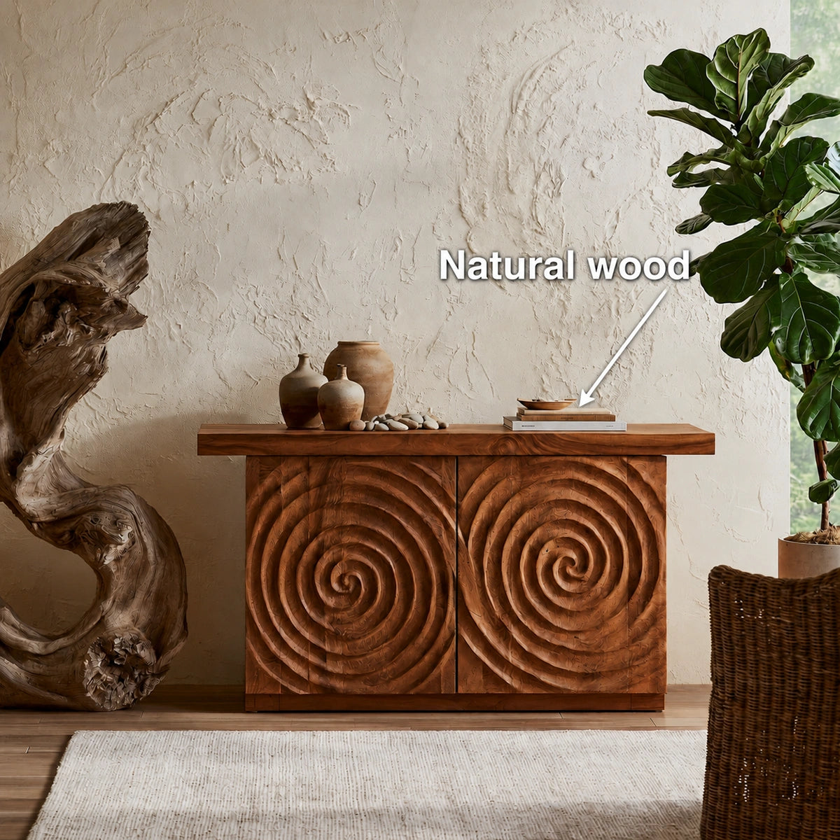 Spiral Carved Natural Solid Wood Sideboard Cabinet with Concealed Storage - Livewoodcraft - 10