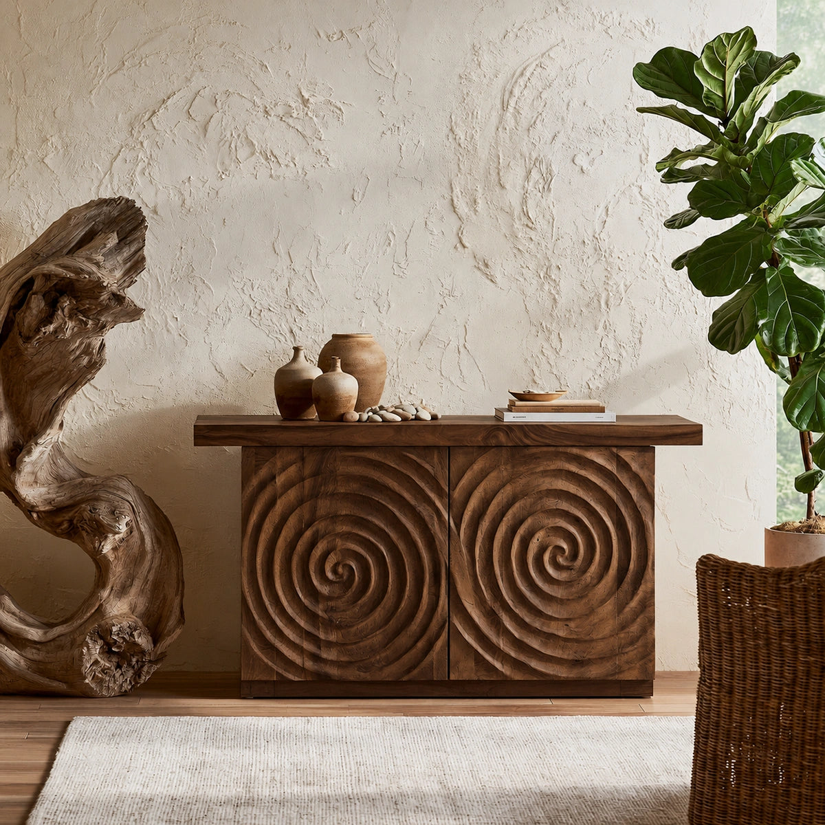 Spiral Carved Natural Solid Wood Sideboard Cabinet with Concealed Storage - Livewoodcraft - 2