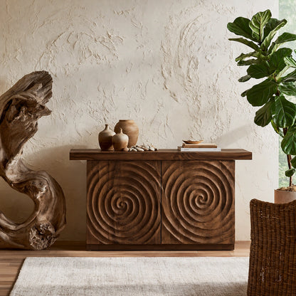Spiral Carved Natural Solid Wood Sideboard Cabinet with Concealed Storage - Livewoodcraft - 2