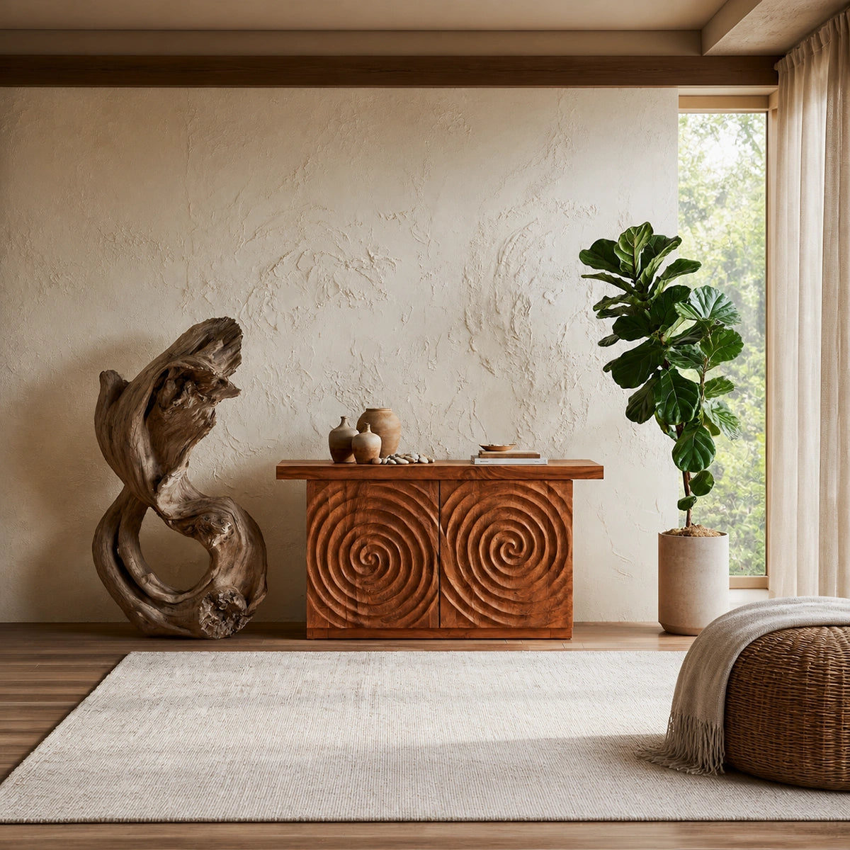 Spiral Carved Natural Solid Wood Sideboard Cabinet with Concealed Storage - Livewoodcraft - 8