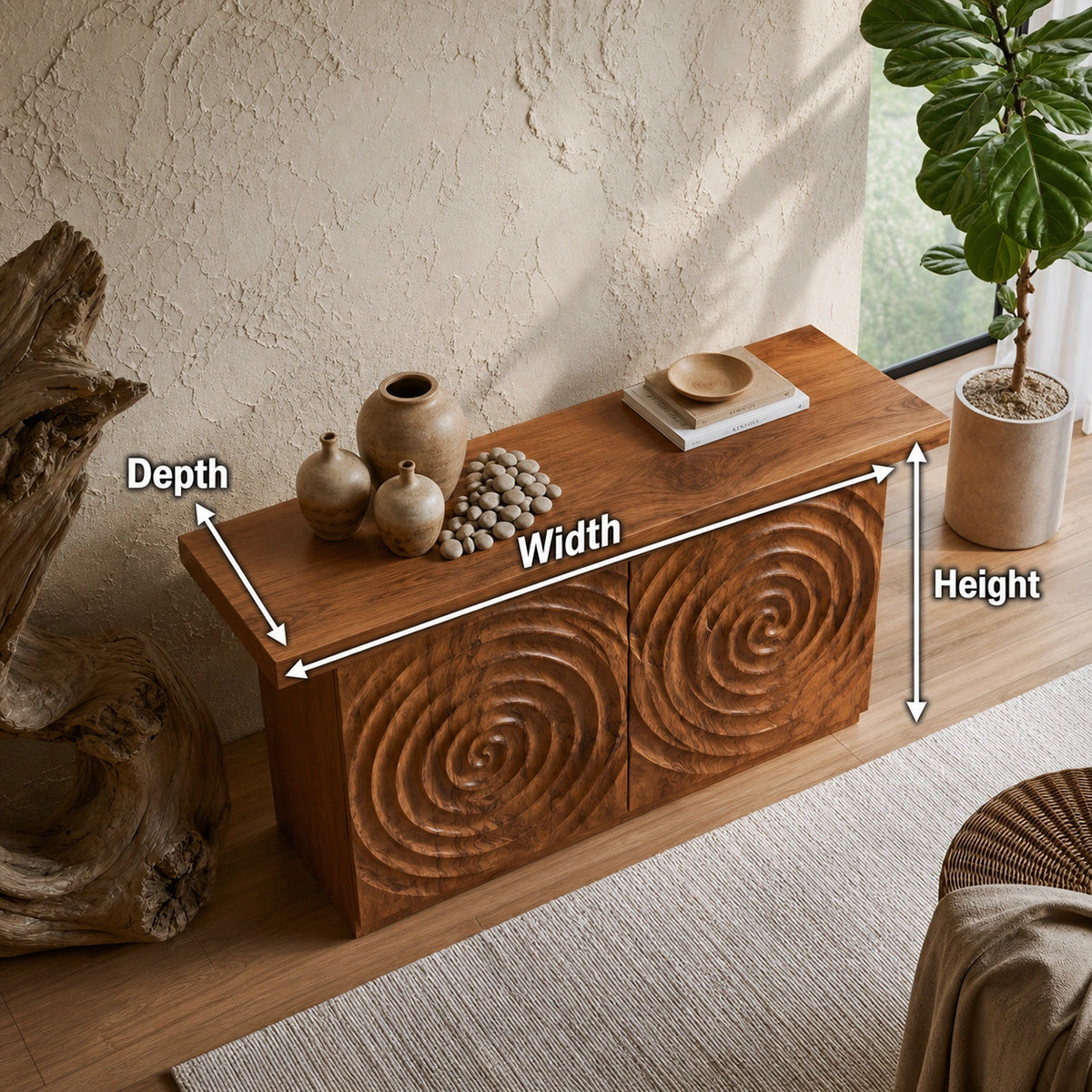 Spiral Carved Natural Solid Wood Sideboard Cabinet with Concealed Storage - Livewoodcraft - 9