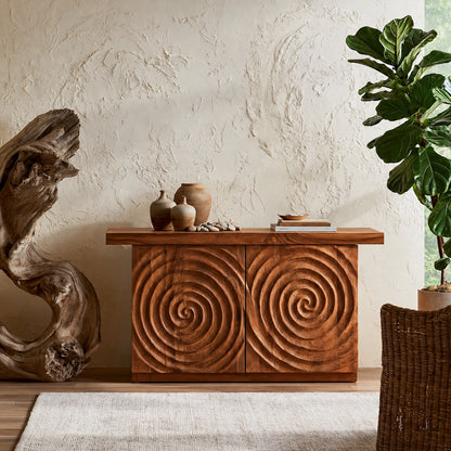 Spiral Carved Natural Solid Wood Sideboard Cabinet with Concealed Storage - Livewoodcraft