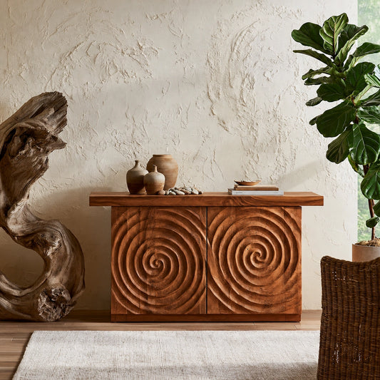 Spiral Carved Natural Solid Wood Sideboard Cabinet with Concealed Storage - Livewoodcraft