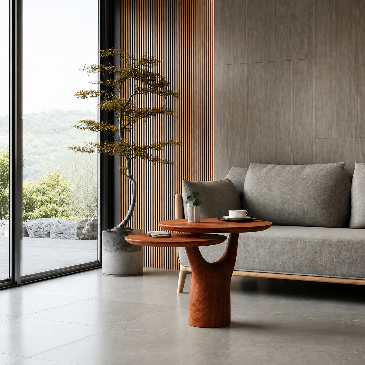 Tiered Natural Solid Wood Coffee Table with Sculptural Pedestal Base - Livewoodcraft - 2