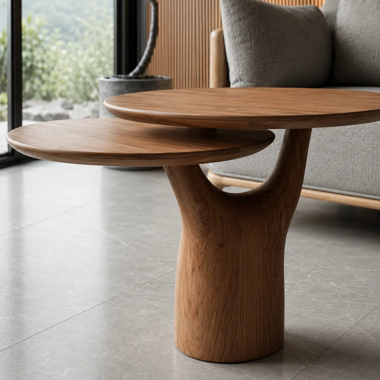 Tiered Natural Solid Wood Coffee Table with Sculptural Pedestal Base - Livewoodcraft - 5