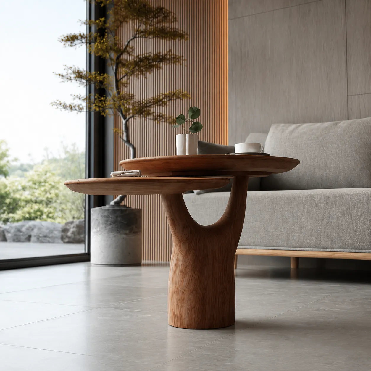 Tiered Natural Solid Wood Coffee Table with Sculptural Pedestal Base - Livewoodcraft - 7