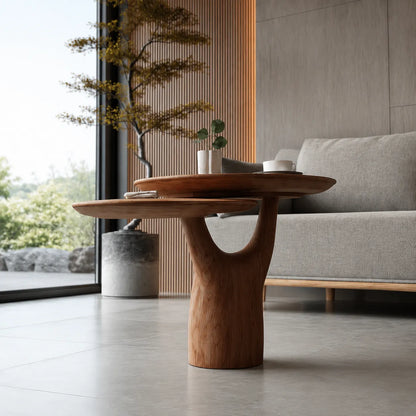 Tiered Natural Solid Wood Coffee Table with Sculptural Pedestal Base - Livewoodcraft - 7