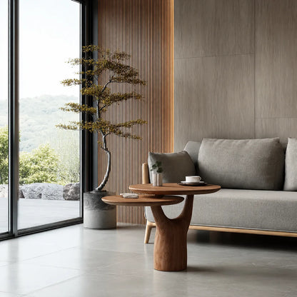 Tiered Natural Solid Wood Coffee Table with Sculptural Pedestal Base - Livewoodcraft