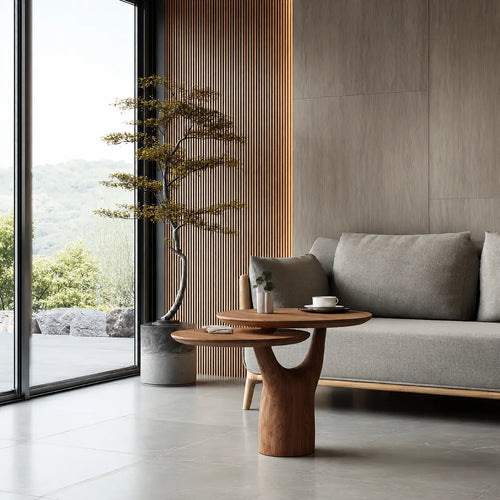Tiered Natural Solid Wood Coffee Table with Sculptural Pedestal Base - Livewoodcraft