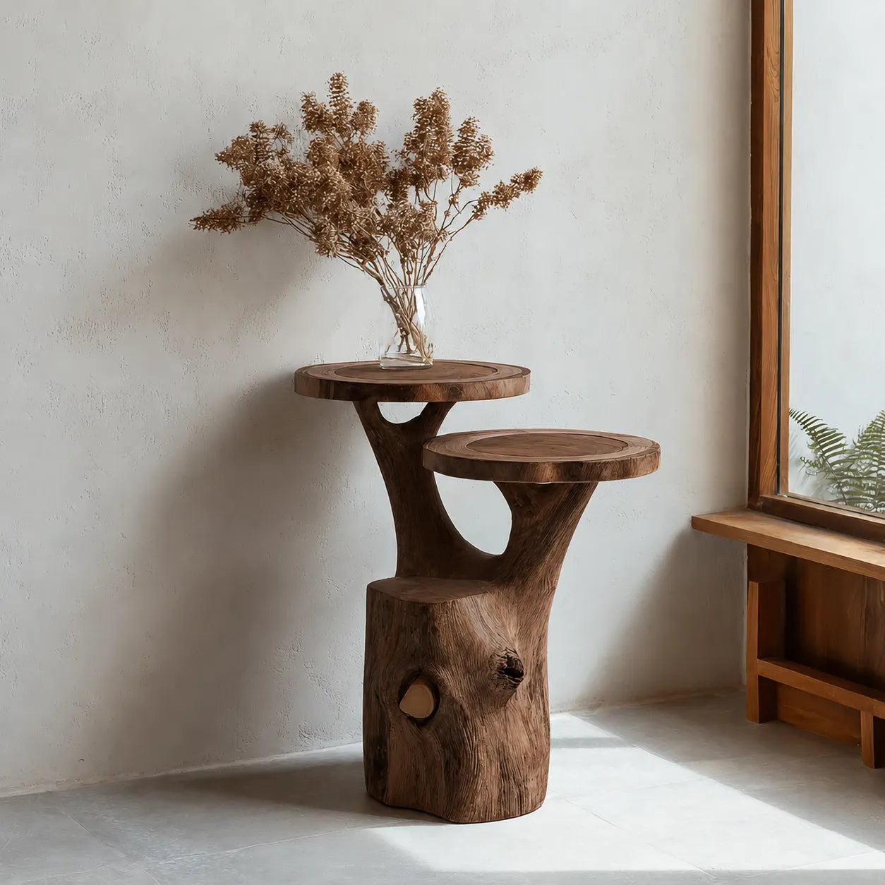 Tiered Natural Solid Wood Side Table with Organic Tree Trunk Base - Livewoodcraft - 2