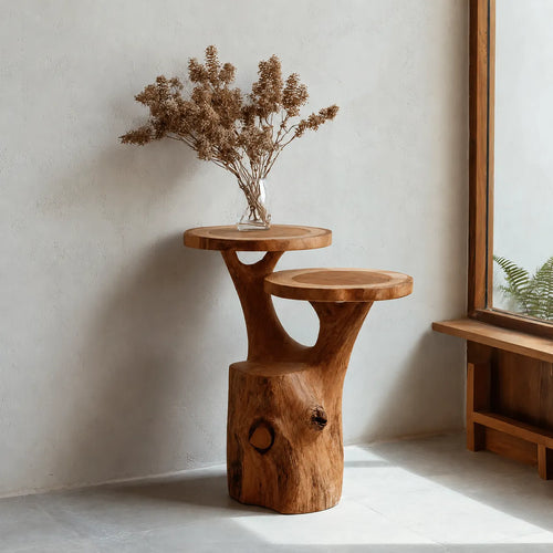 Tiered Natural Solid Wood Side Table with Organic Tree Trunk Base - Livewoodcraft