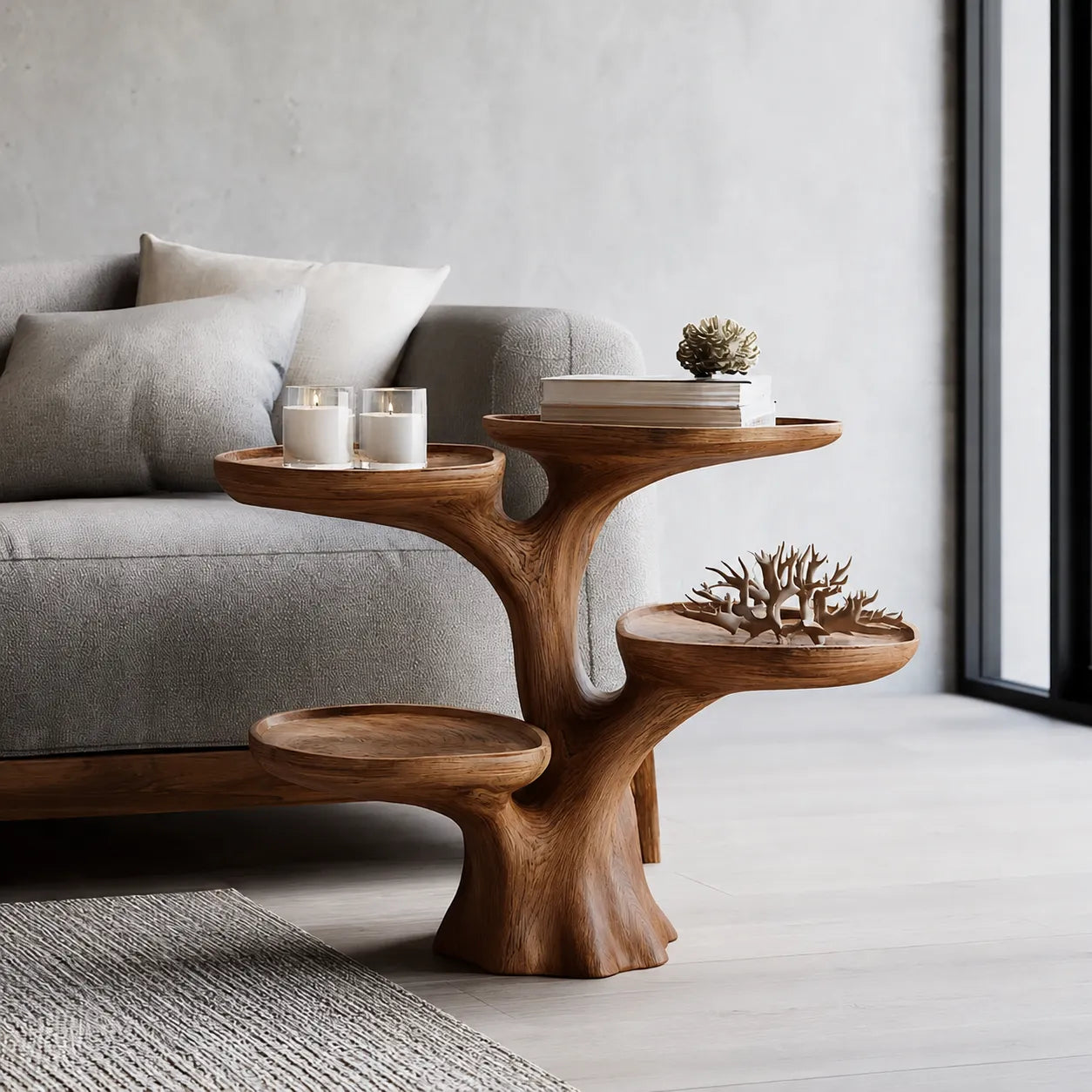 Tiered Natural Solid Wood Side Table with Sculptural Branch Base - Livewoodcraft - 2
