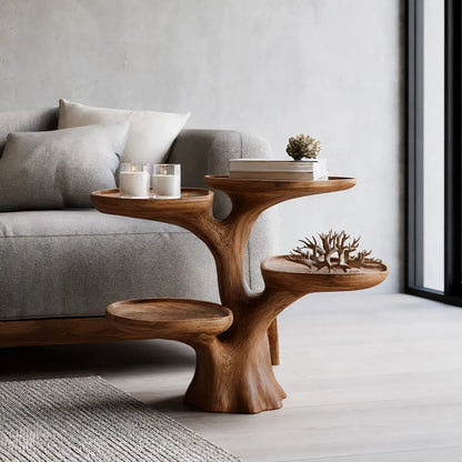 Tiered Natural Solid Wood Side Table with Sculptural Branch Base - Livewoodcraft - 2