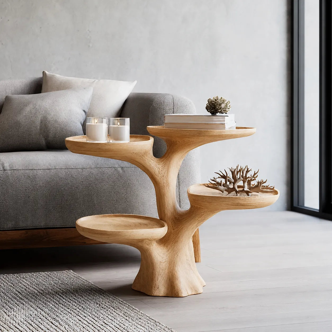 Tiered Natural Solid Wood Side Table with Sculptural Branch Base - Livewoodcraft - 3