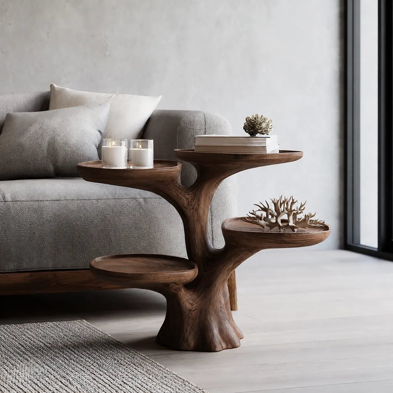 Tiered Natural Solid Wood Side Table with Sculptural Branch Base - Livewoodcraft - 5