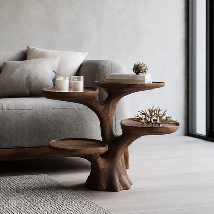 Tiered Natural Solid Wood Side Table with Sculptural Branch Base - Livewoodcraft - 5