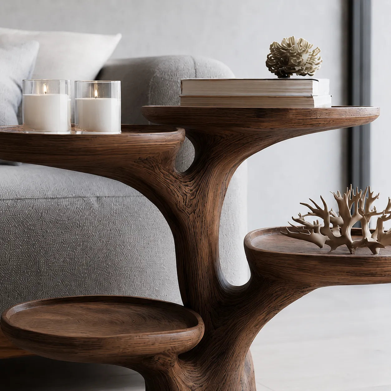 Tiered Natural Solid Wood Side Table with Sculptural Branch Base - Livewoodcraft - 7