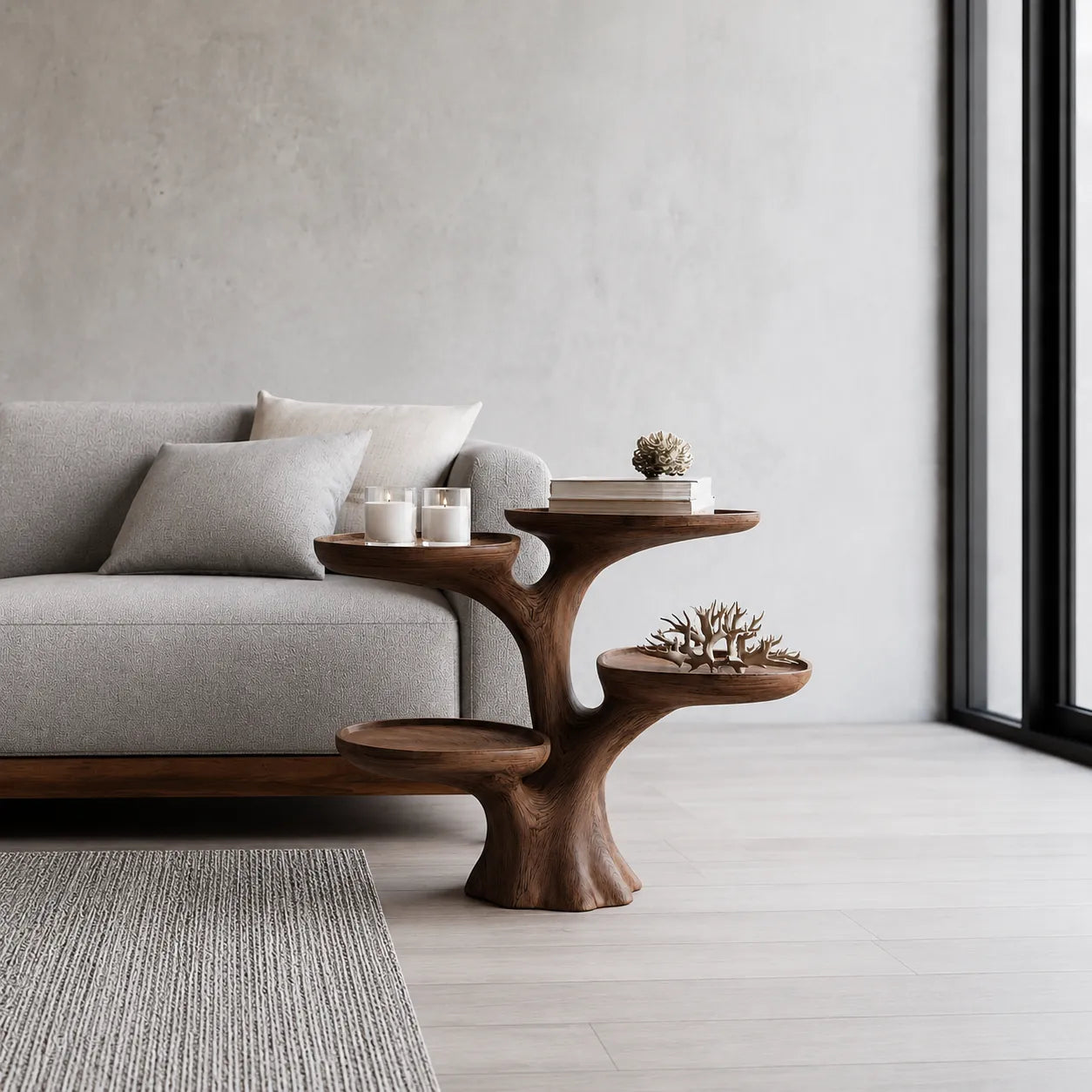 Tiered Natural Solid Wood Side Table with Sculptural Branch Base - Livewoodcraft