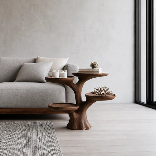 Tiered Natural Solid Wood Side Table with Sculptural Branch Base - Livewoodcraft