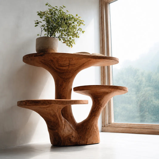 Tiered Natural Solid Wood Side Table with Sculptural Organic Base - Livewoodcraft
