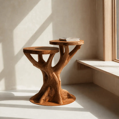 Tiered Natural Solid Wood Side Table with Sculptural Tree Base - Livewoodcraft - 2