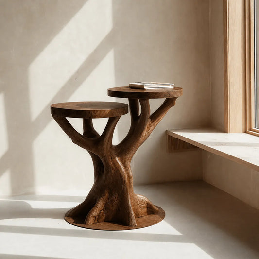 Tiered Natural Solid Wood Side Table with Sculptural Tree Base - Livewoodcraft