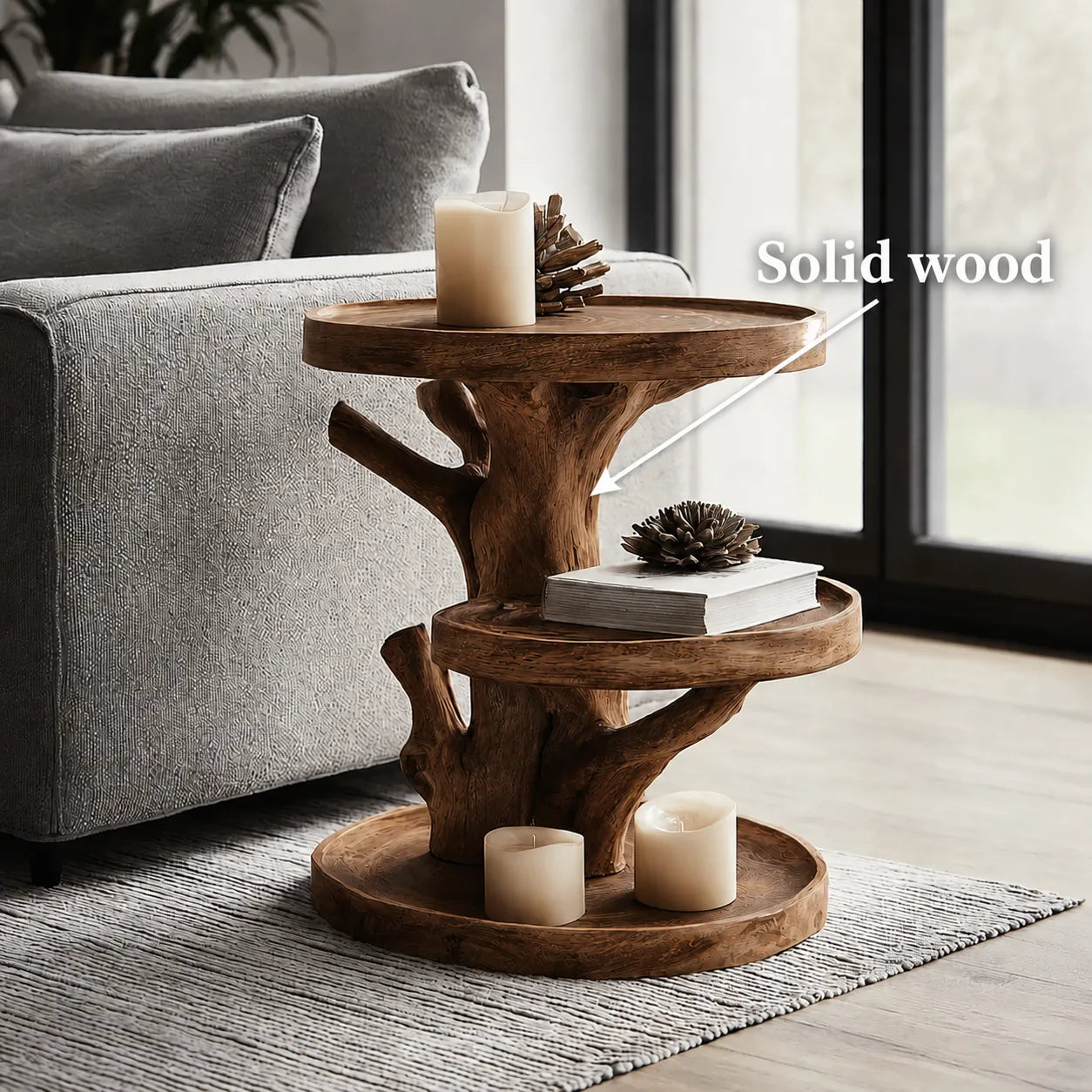 Tiered Natural Solid Wood Side Table with Tree Branch Base - Livewoodcraft - 10