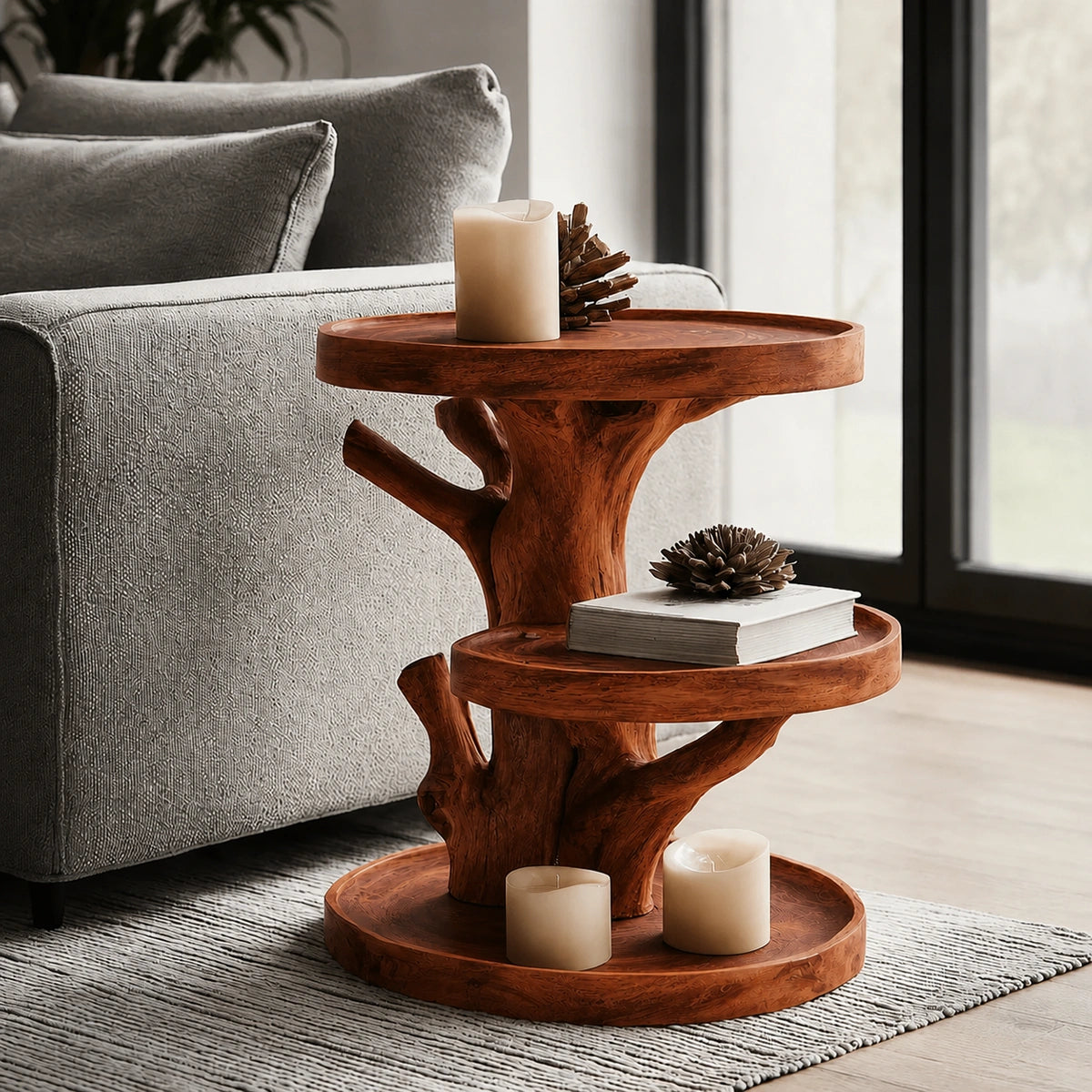 Tiered Natural Solid Wood Side Table with Tree Branch Base - Livewoodcraft - 2