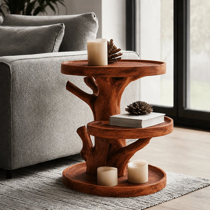 Tiered Natural Solid Wood Side Table with Tree Branch Base - Livewoodcraft - 2