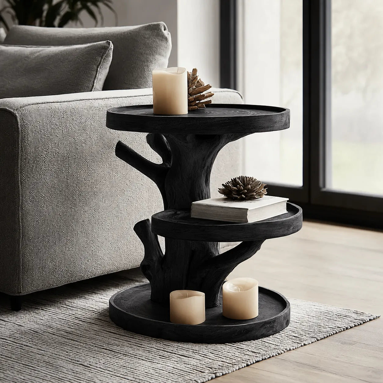 Tiered Natural Solid Wood Side Table with Tree Branch Base - Livewoodcraft - 4