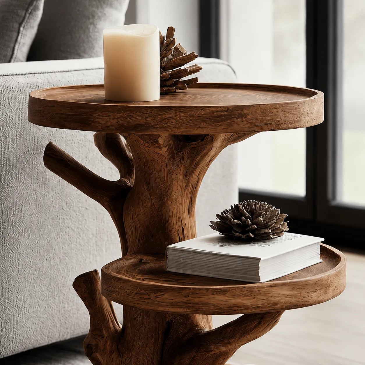 Tiered Natural Solid Wood Side Table with Tree Branch Base - Livewoodcraft - 6