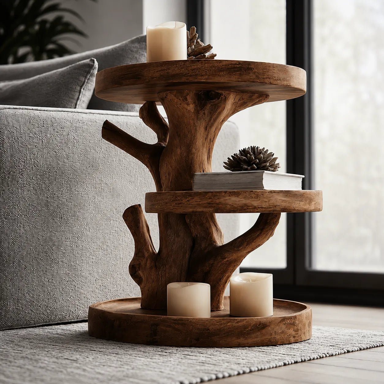 Tiered Natural Solid Wood Side Table with Tree Branch Base - Livewoodcraft - 7