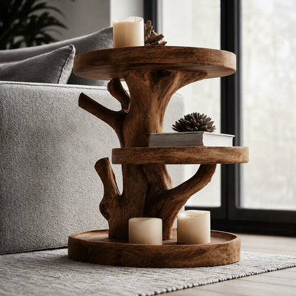 Tiered Natural Solid Wood Side Table with Tree Branch Base - Livewoodcraft - 7