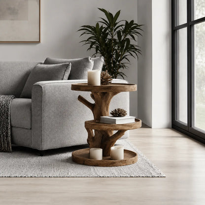 Tiered Natural Solid Wood Side Table with Tree Branch Base - Livewoodcraft - 8