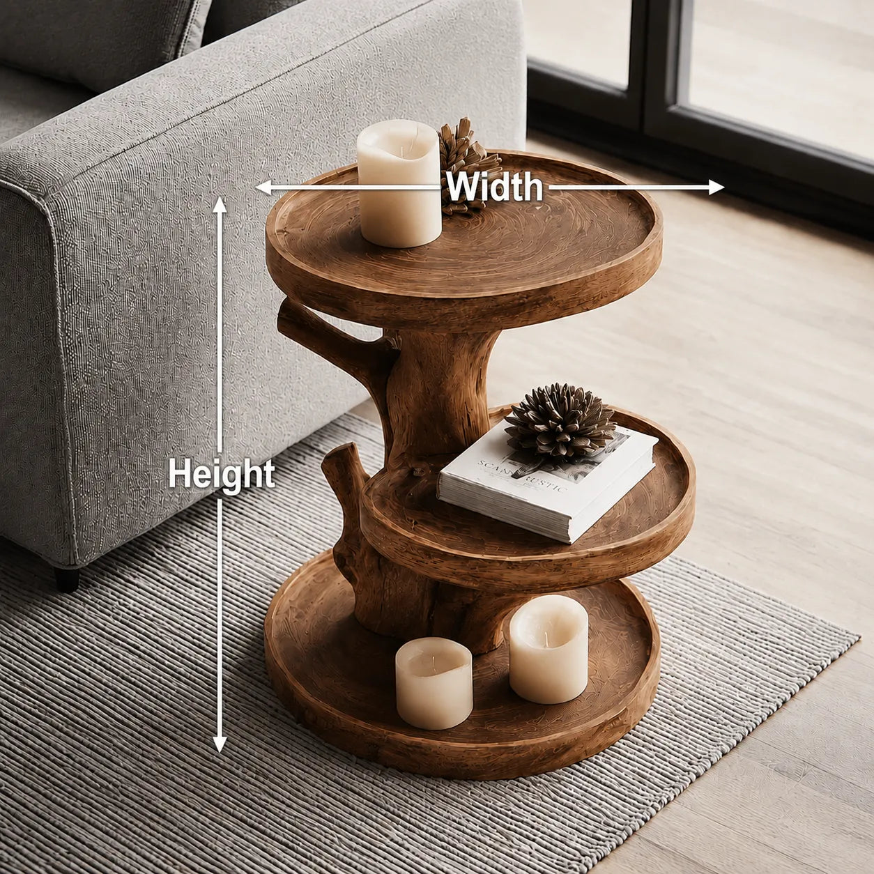 Tiered Natural Solid Wood Side Table with Tree Branch Base - Livewoodcraft - 9