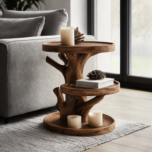 Tiered Natural Solid Wood Side Table with Tree Branch Base - Livewoodcraft