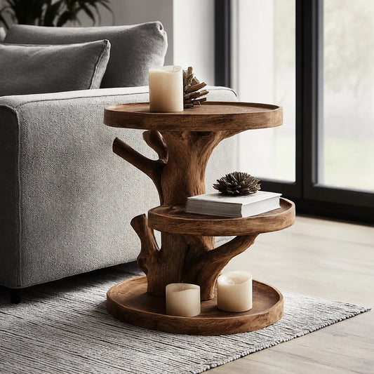 Tiered Natural Solid Wood Side Table with Tree Branch Base - Livewoodcraft