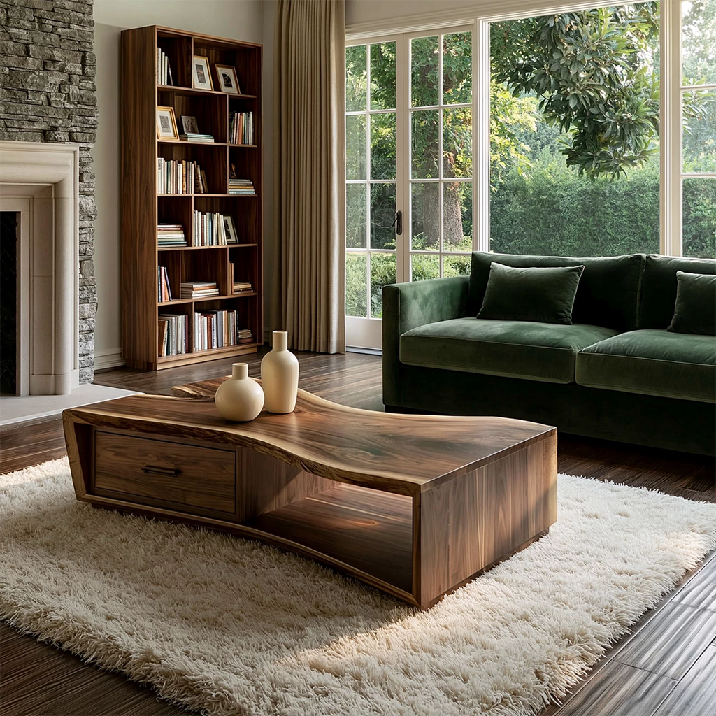 Solid Wood Coffee Table With Sculptural Curved Base Storage Drawer And Open Shelf For Modern Living Room