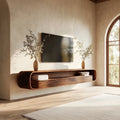 Floating Natural Solid Wood TV Stand with Curved Open Shelf Storage