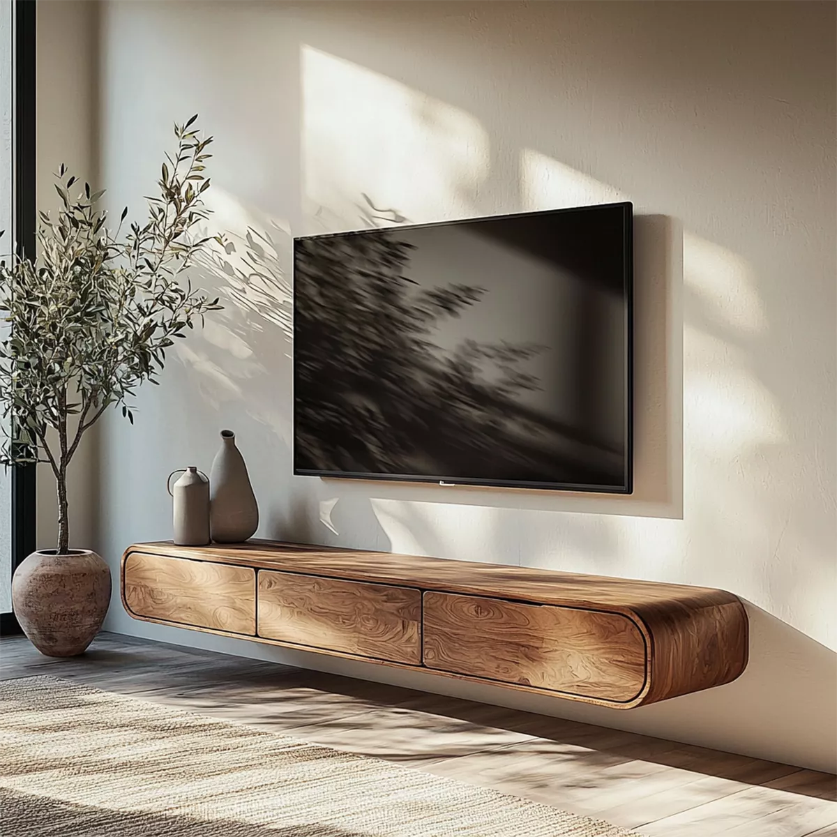 Floating Solid Wood TV Stand With Rounded Edges And Hidden Drawer Storage For Living Room