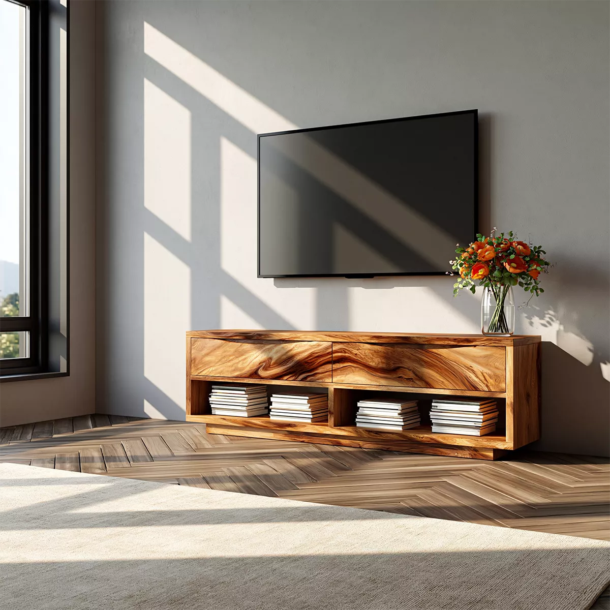 Natural Solid Wood TV Stand With Open Media Shelves And Hidden Drawer Storage For Living Room