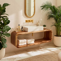 Floating Solid Wood Bathroom Vanity With Rounded Open Shelf And Natural Wood Grain
