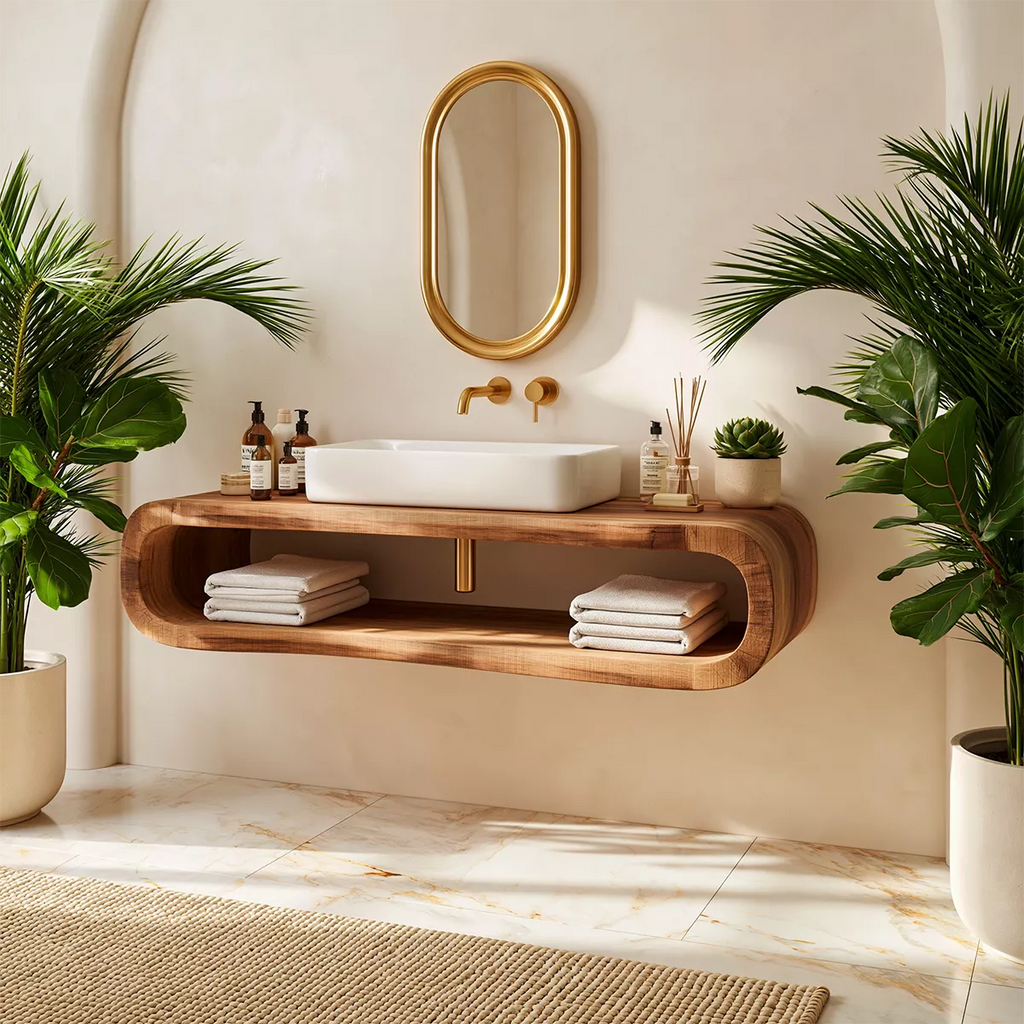 Floating Solid Wood Bathroom Vanity With Rounded Open Shelf And Natural Wood Grain