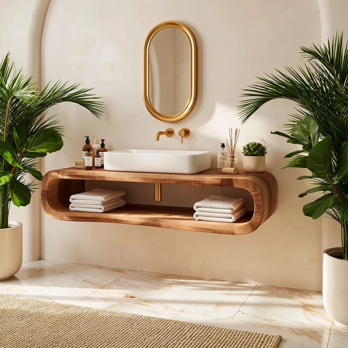 Floating Solid Wood Bathroom Vanity With Rounded Open Shelf And Natural Wood Grain