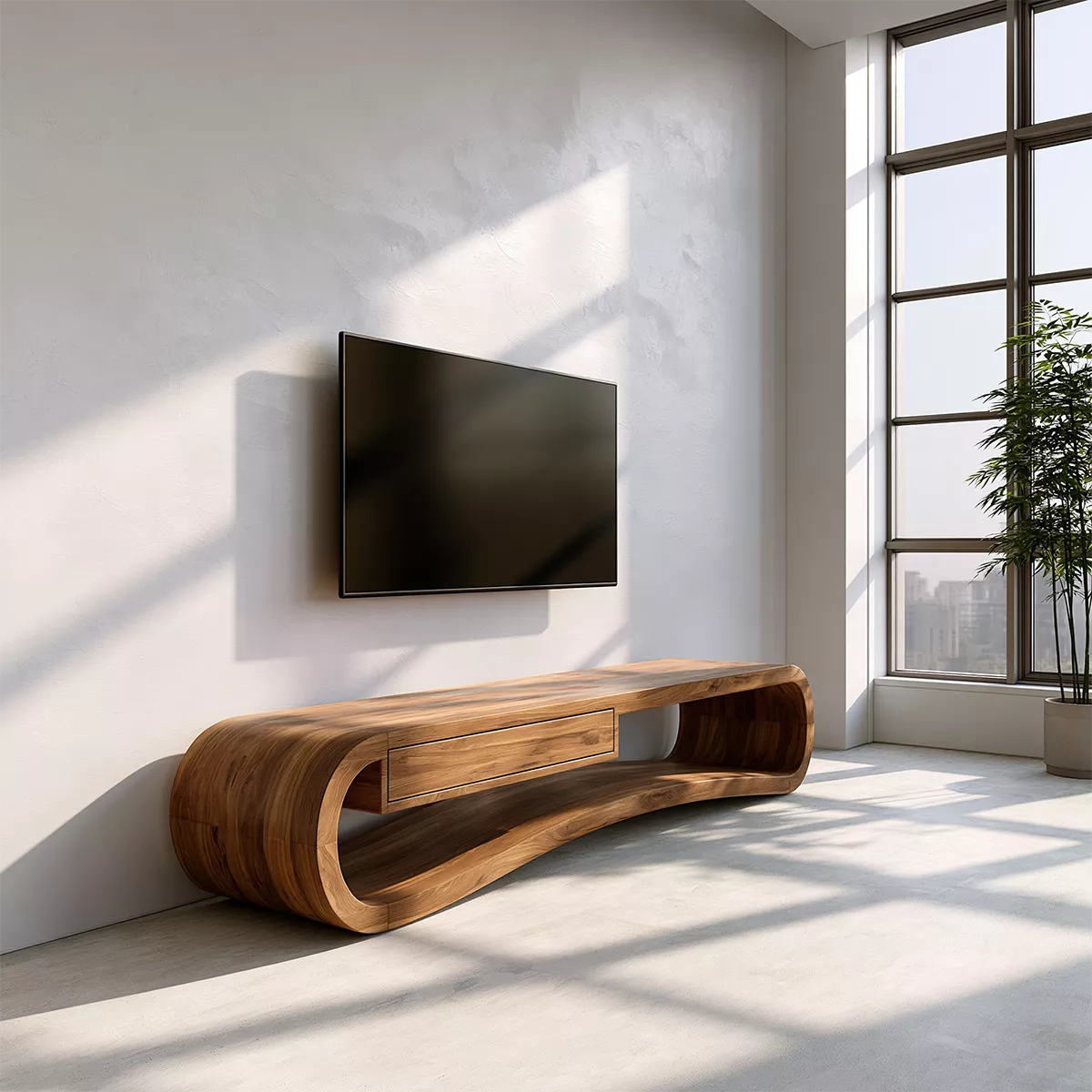 Sculptural Solid Wood TV Stand With Rounded Loop Frame, Open Shelf And Center Drawer For Living Room