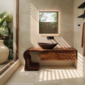 Asymmetrical Solid Wood Bathroom Vanity With Sculptural Curved Side And Floating Drawer Storage