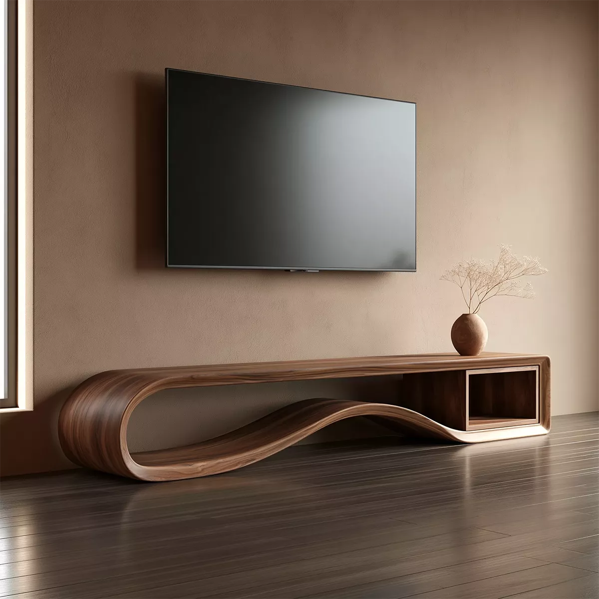 Sculptural Solid Wood TV Cabinet With Wave Open Base Side Shelf And Natural Wood Grain For Modern Living Room