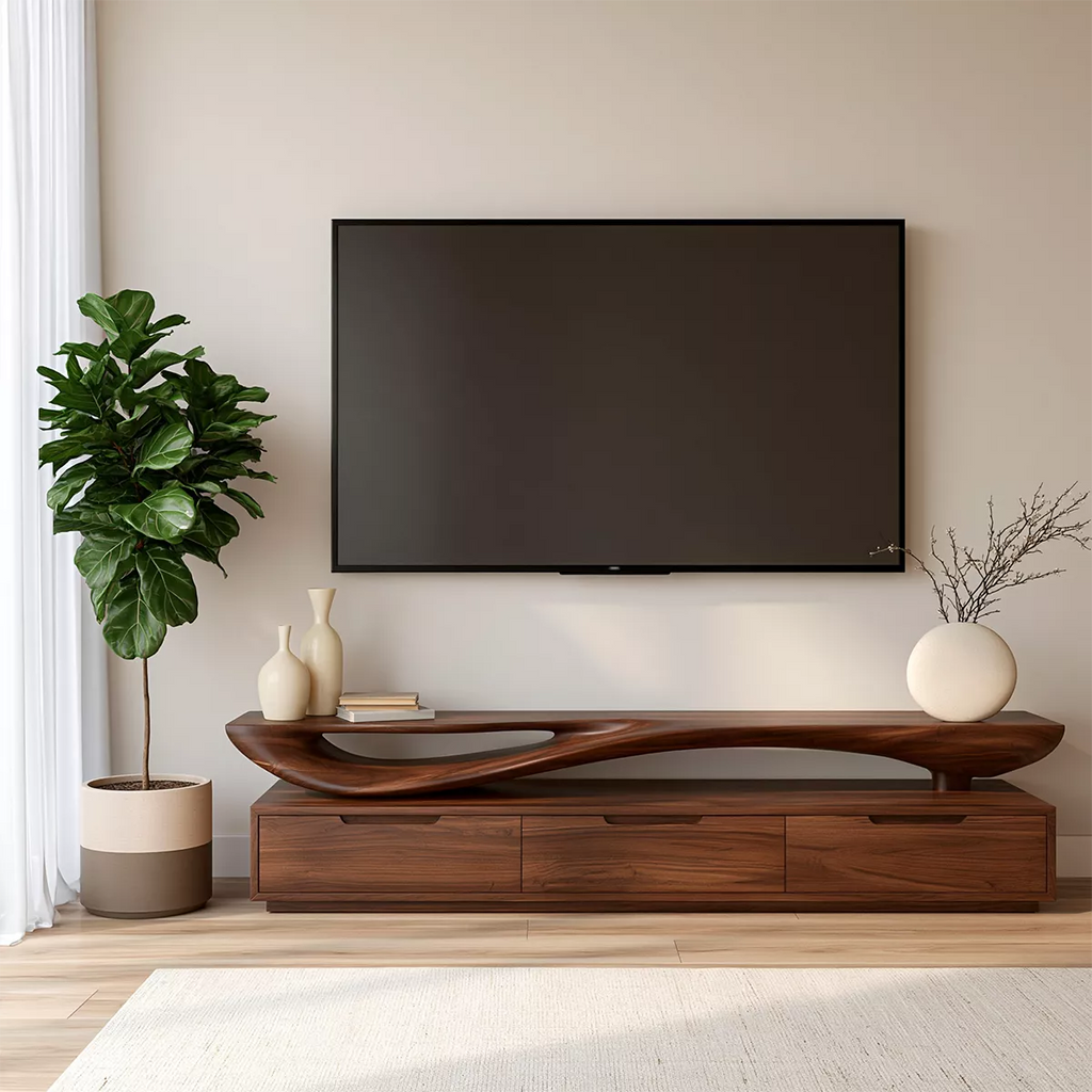 Sculptural Wave Solid Wood TV Stand With Open Display Shelf And Hidden Drawer Storage For Living Room